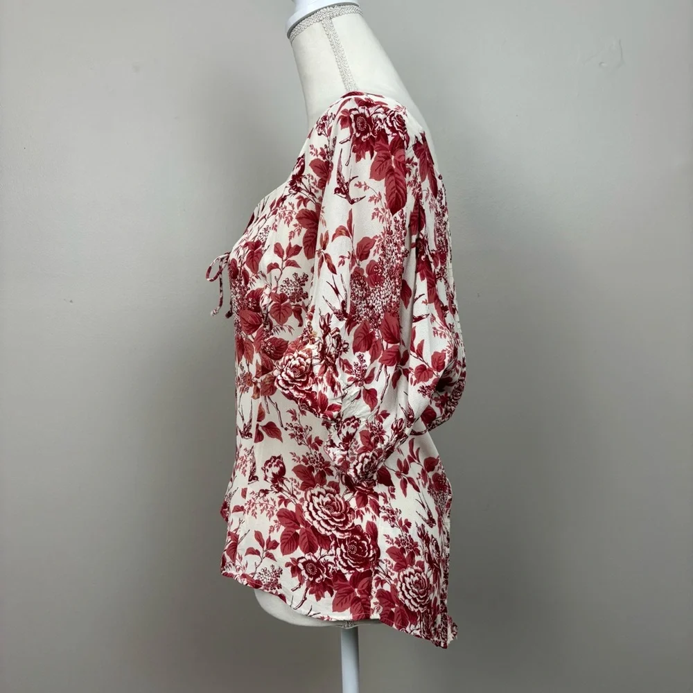 Reformation‎ Top 18 Red Cream Delevan Sweetheart Floral Puff Sleeve Blouse
